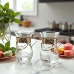 Clear glass tea cups with handle in a pierced silver filigree metal holder beside white and pink macarons