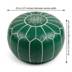 Technical specifications for a green leather floor ottoman showing a diameter of 53 cm (21 inches) and a height of 30 cm (12 inches).