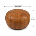 A handcrafted light brown genuine leather round pouf featuring stitched panel detailing, with overlaid dimensions showing a width of 21 inches (53 cm) and a height of 14 inches (35 cm).