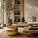 Gold leather round pouf in a Japandi-inspired living room with natural wood furniture, textured jute rug, and organic decor accents.