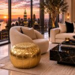 Gold leather round pouf in a luxury penthouse living room featuring floor-to-ceiling windows, city skyline views, and contemporary furnishings.