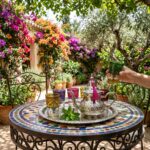 Garden tea service featuring a silver moroccan tea set on a zellige mosaic table surrounded by blooming bougainvillea and olive trees.