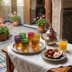 A silver moroccan tea set with a hammered teapot and colorful glasses served with fresh figs and dates in a traditional sunlit courtyard.