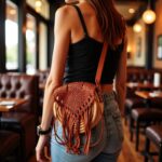 Round boho straw bag with cascading leather fringe crossbody styled with casual outfit