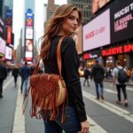 Boho straw bag detail showing terracotta leather macramé overlay and cascading fringe