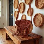 Round boho straw bag featuring coiled palm leaf weave and cognac leather fringe trim
