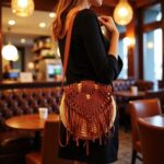 Round boho straw bag with leather fringe worn crossbody in café booth setting