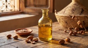Golden argan oil in a glass bottle surrounded by raw argan nuts and kernels on a rustic wooden surface with warm natural lighting