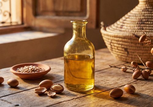 Golden argan oil in a glass bottle surrounded by raw argan nuts and kernels on a rustic wooden surface with warm natural lighting
