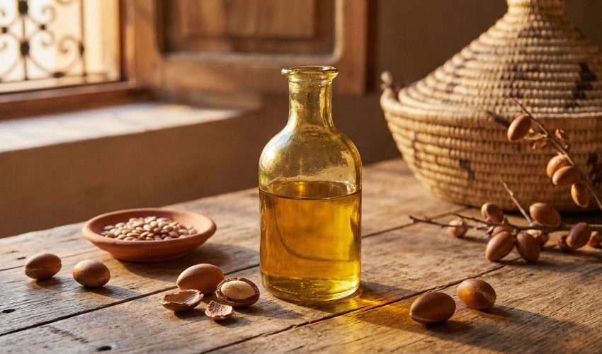 Golden argan oil in a glass bottle surrounded by raw argan nuts and kernels on a rustic wooden surface with warm natural lighting