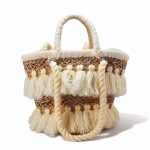 Front view of cream tassel straw bag on white background