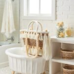 Handwoven tassel straw bag hanging on white bathtub edge showing woven texture and cotton fringe detail