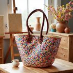 Sequin Straw Bag on wooden table near window, rainbow confetti handwoven basket with leather handles