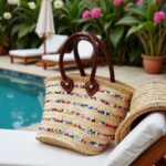Colorful straw bag in spa setting with white towels and stones displaying multicolored sequin stripes on woven palm leaf