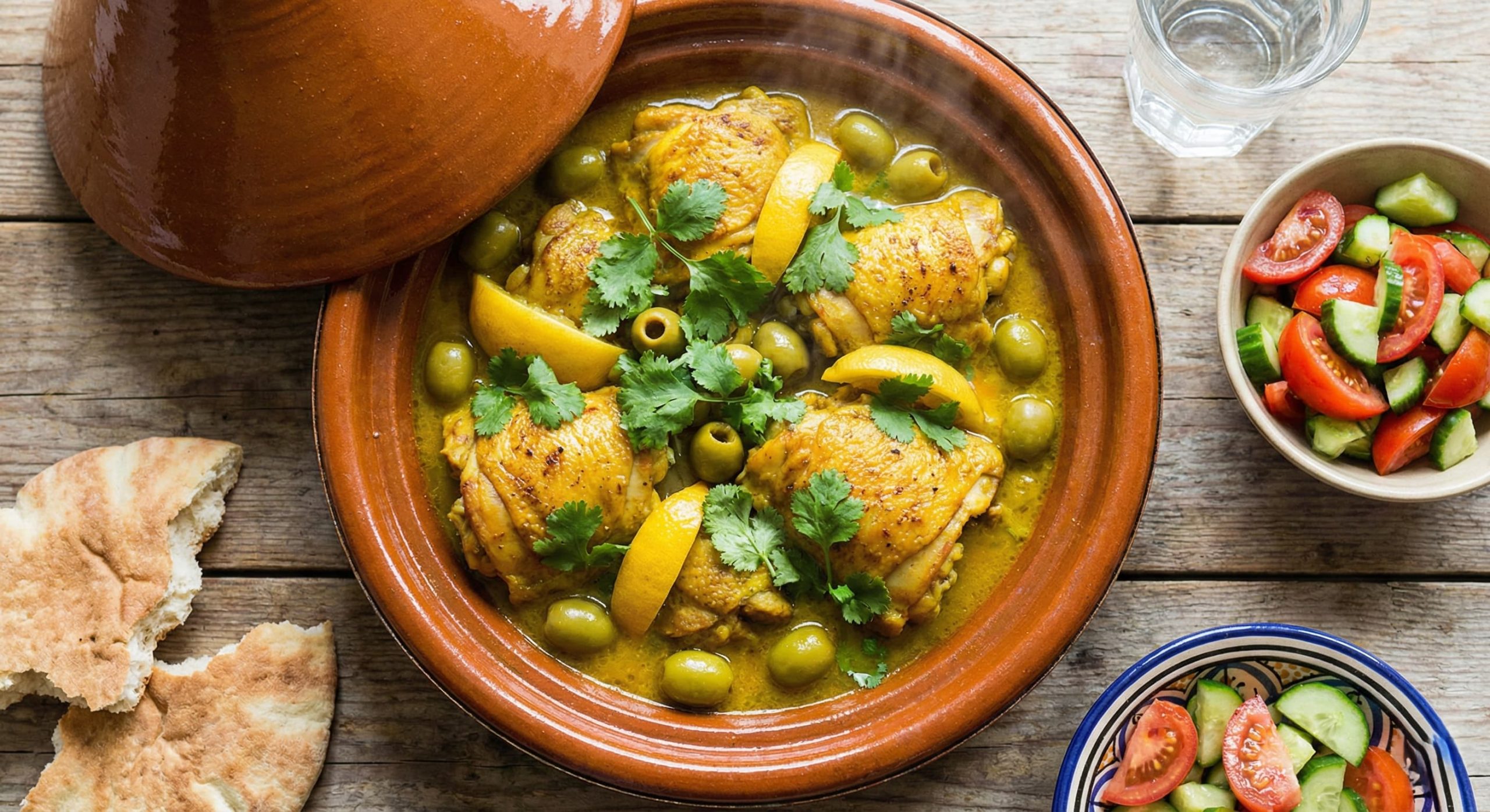 An overhead photograph of a steaming Moroccan chicken tagine in a ceramic pot, filled with chicken, green olives, and preserved lemons in a rich sauce, served with fresh bread on a wooden table.