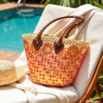 Red lattice beach straw bag with sunflower embroidery detail on poolside lounge chair