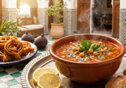 A steaming bowl of tomato-based Moroccan Harira soup with lentils and chickpeas, served with lemon, crusty bread, figs, and Chebakia pastries in a traditional setting.