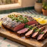 A perfectly grilled Moroccan flank steak, sliced on a wooden board and topped with fresh herb chermoula sauce and lemon wedges, served alongside couscous in a sunlit outdoor setting.
