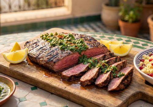 A perfectly grilled Moroccan flank steak, sliced on a wooden board and topped with fresh herb chermoula sauce and lemon wedges, served alongside couscous in a sunlit outdoor setting.