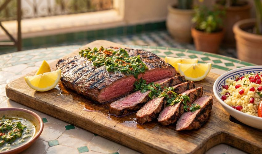 A perfectly grilled Moroccan flank steak, sliced on a wooden board and topped with fresh herb chermoula sauce and lemon wedges, served alongside couscous in a sunlit outdoor setting.