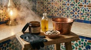 A still life photo in a steamy room showing Moroccan hammam essentials: a jar of black soap, a Kessa exfoliating glove, Ghassoul clay, Argan oil, and a copper bucket on a wooden stool.