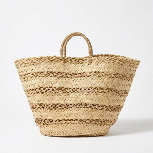 Handwoven straw basket bag with alternating herringbone and open lattice weave bands and straw-wrapped handles on a white background