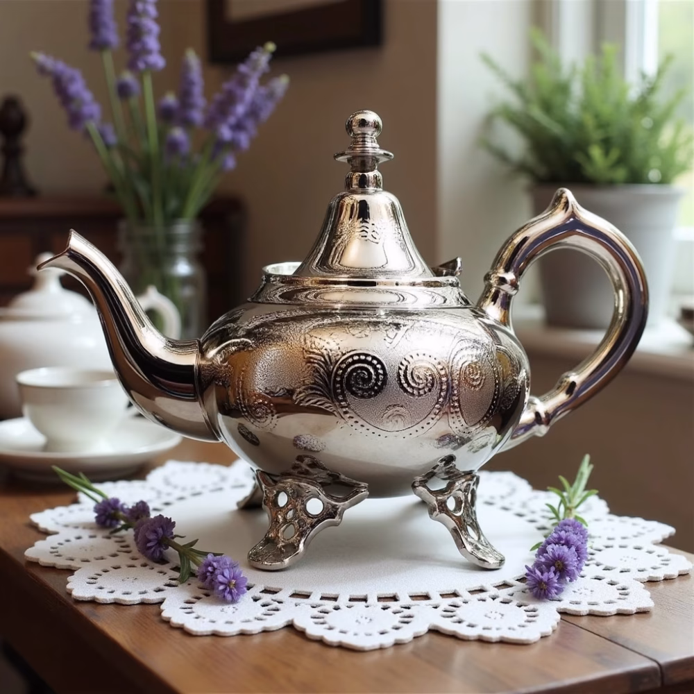 Silver teapot with lavender on lace doily