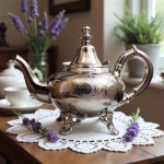 Silver teapot with lavender on lace doily