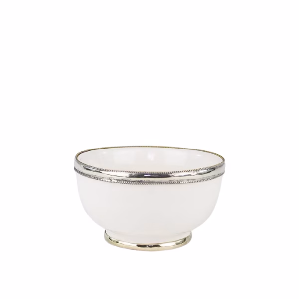 Moroccan white Ceramic Bowls with Berber Silver Trim - Set of 6