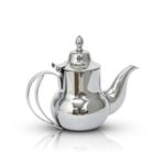 Stainless steel mirror finish teapot with curved S-spout and double-wire handle on white background