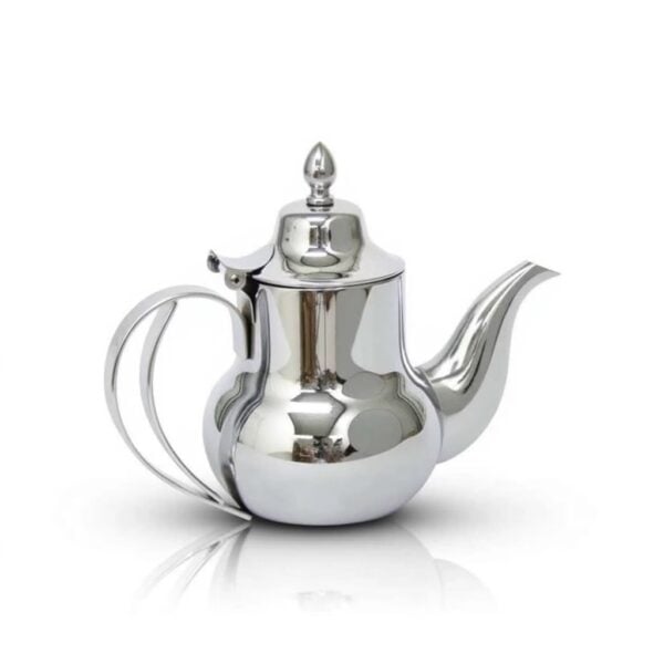 Stainless steel mirror finish teapot with curved S-spout and double-wire handle on white background