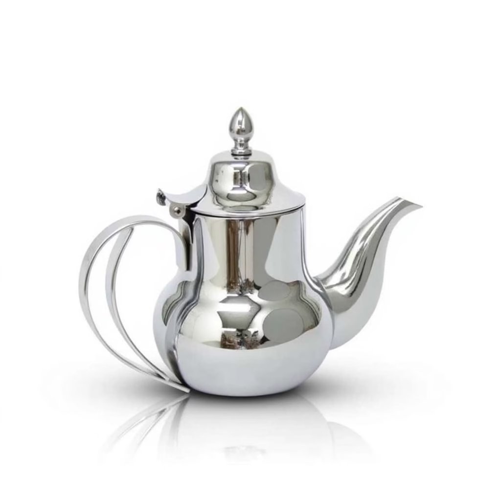 stainless steel mirror finish teapot - MCTEP06 - Featured image - side view on white Stainless steel mirror finish teapot with curved S-spout and double-wire handle on white background