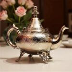 Silver teapot circular medallion engraved showing its wide oblate shape and curved spout on white background