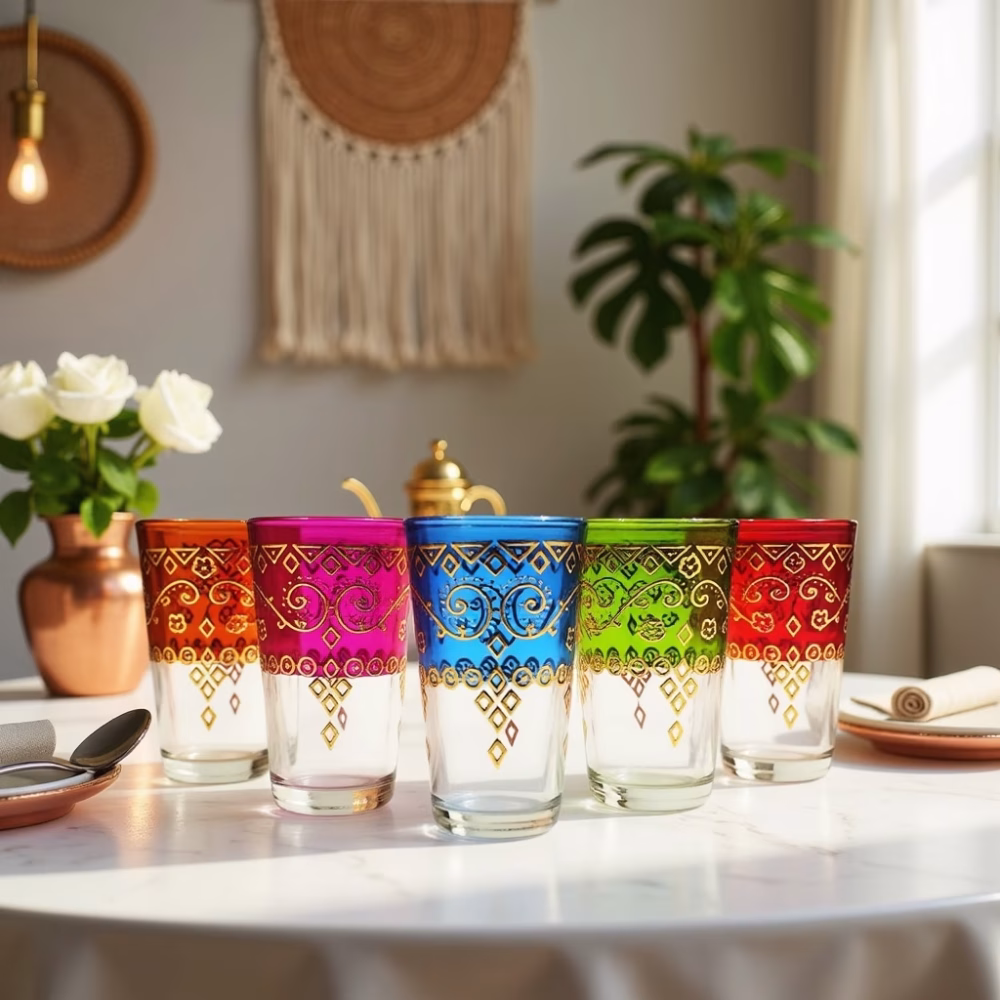 Colored glass tea cups displayed in modern boho interior setting