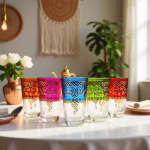 Colored glass tea cups displayed in modern boho interior setting