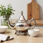 Hand-engraved silver teapot in casual dining setting