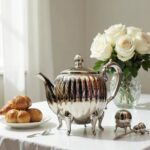 Silver teapot ornate feet ribbed with vertical fluting styled with Moroccan pastries on a silver tray