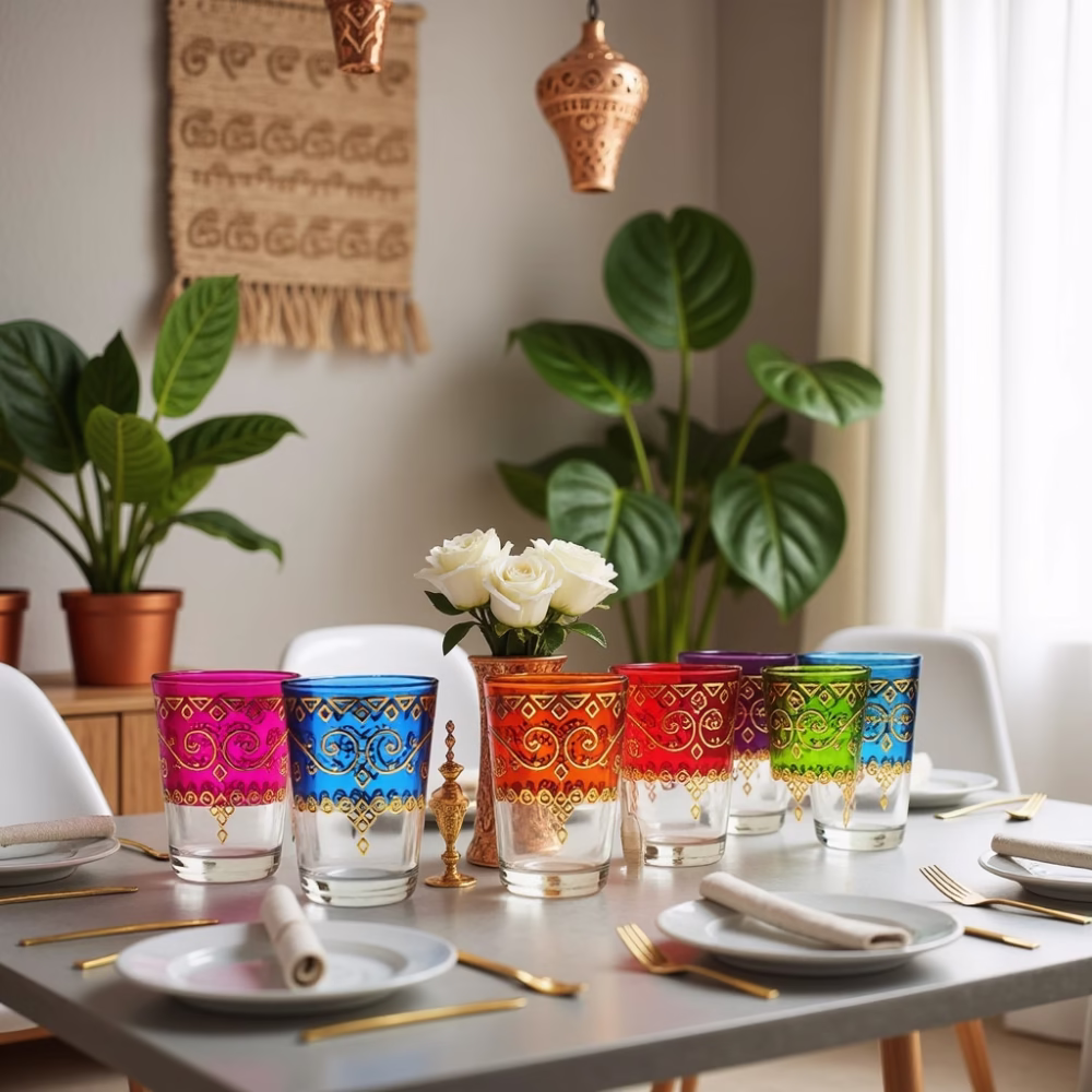 Artistic Colored Glass Tea Cups with Gold Design - Set of 6 - Image 2
