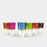 Colorful glass tea cups set of 6 with intricate gold spiral motifs and geometric designs in rainbow hues