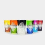 Multicolor hand-decorated glass tea cups set of 6 with silver arabesque pattern in vibrant gradient hues