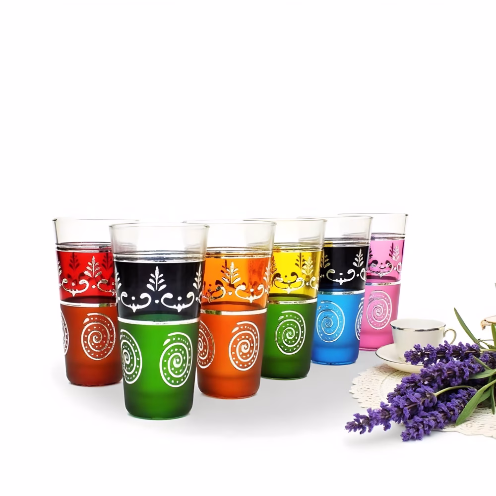 Vintage Moroccan tea glasses arranged with lavender decoration