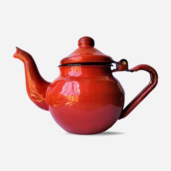 Traditional red-orange enameled stainless steel teapot, handcrafted stovetop safe kitchenware with curved handle