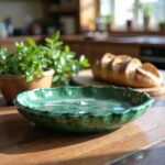 Green Tamegroute ceramic plate with scalloped rim displayed on wooden table beside bread in rustic kitchen setting