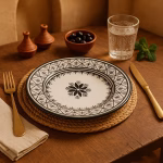 Black Moroccan dinner plate on a rustic table with olives, terracotta spice pots and gold cutlery