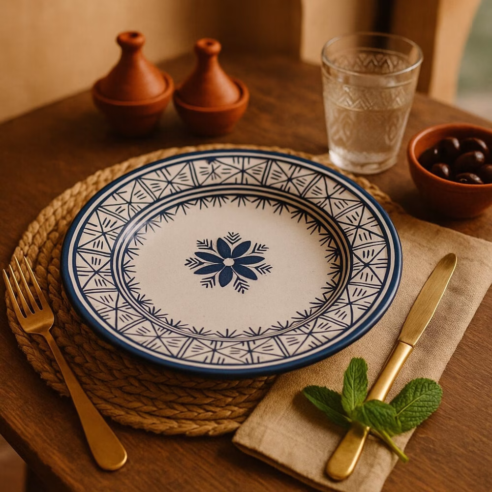 Blue Moroccan dinner plate styled on a woven placemat with brass cutlery and mint sprig