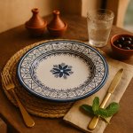 Hand-painted ceramic plate with blue geometric patterns on table setting with gold cutlery and tagines