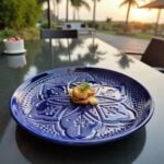 Green geometric ceramic plate with gourmet dessert by pool, hand-engraved artisan serving dish 22cm