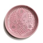 Pink geometric ceramic plate with hand-engraved floral relief pattern, artisan crafted 22cm serving dish