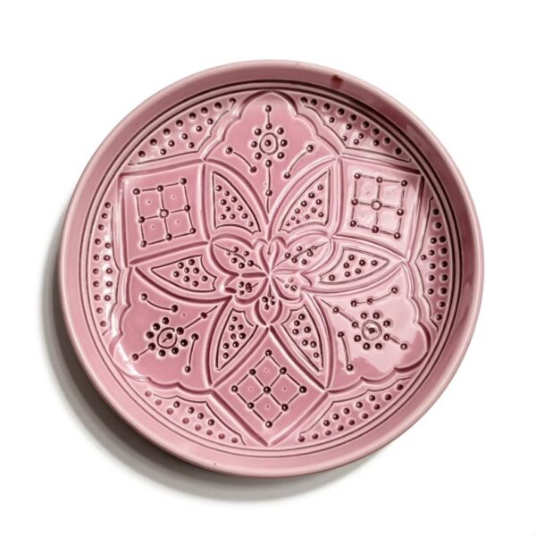 Pink geometric ceramic plate with hand-engraved floral relief pattern, artisan crafted 22cm serving dish