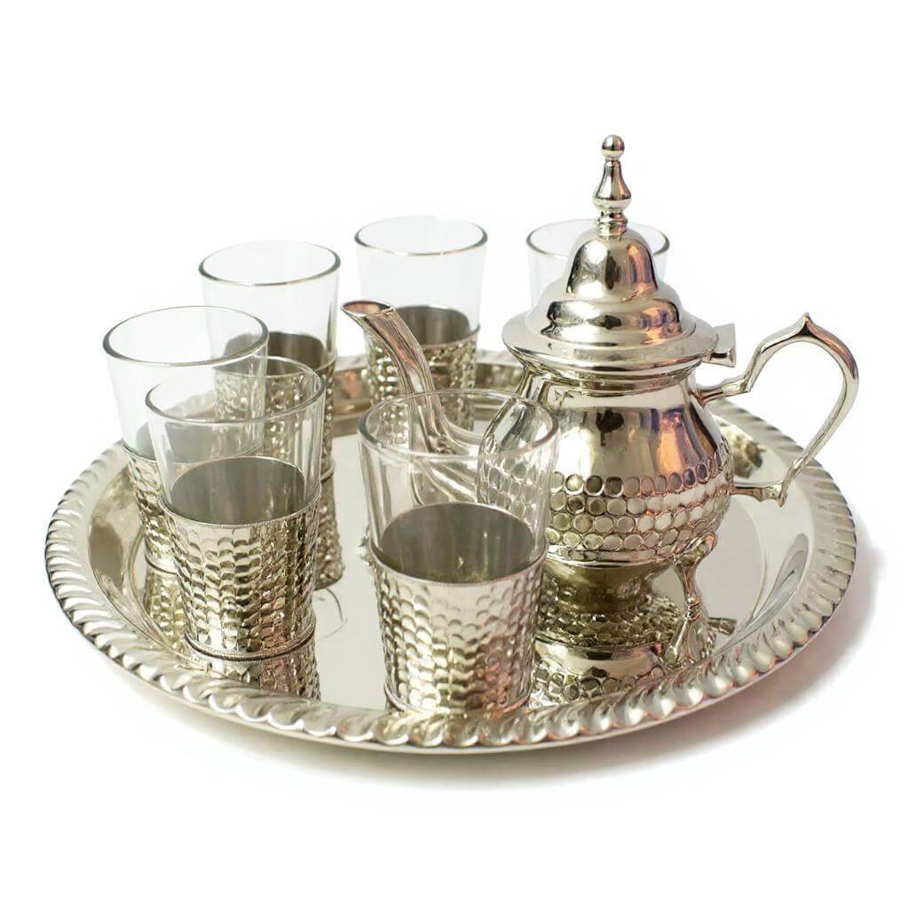 Complete Silver Plated Tea Service Set – Hand-Hammered 8 Pieces Silver hammered tea set with ornate teapot, 6 glass holders, and decorative serving tray on white background